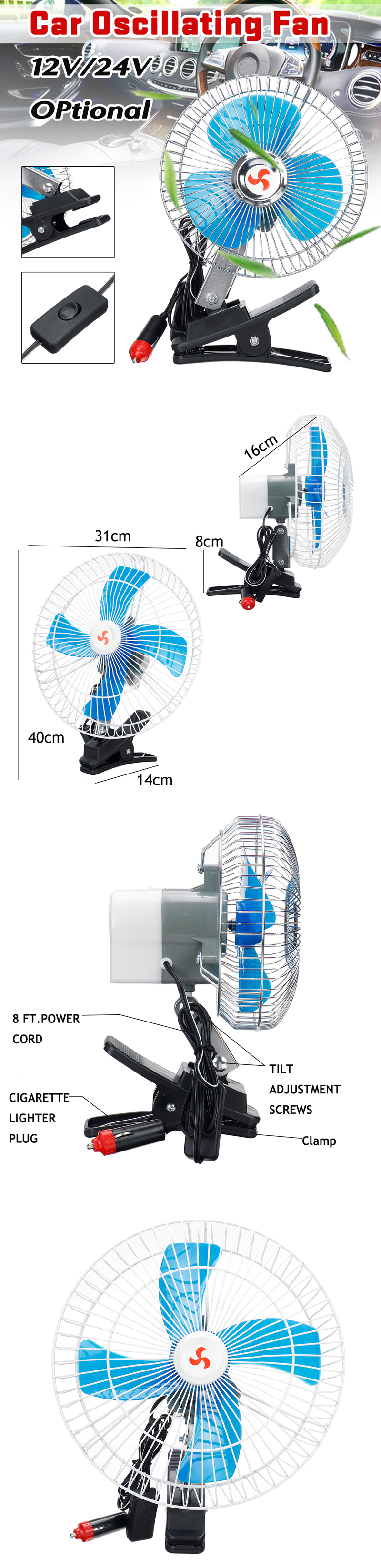 12V/24V Car Oscillating Fan Camping Travel Portable Clip Cooling Conditioner Fan