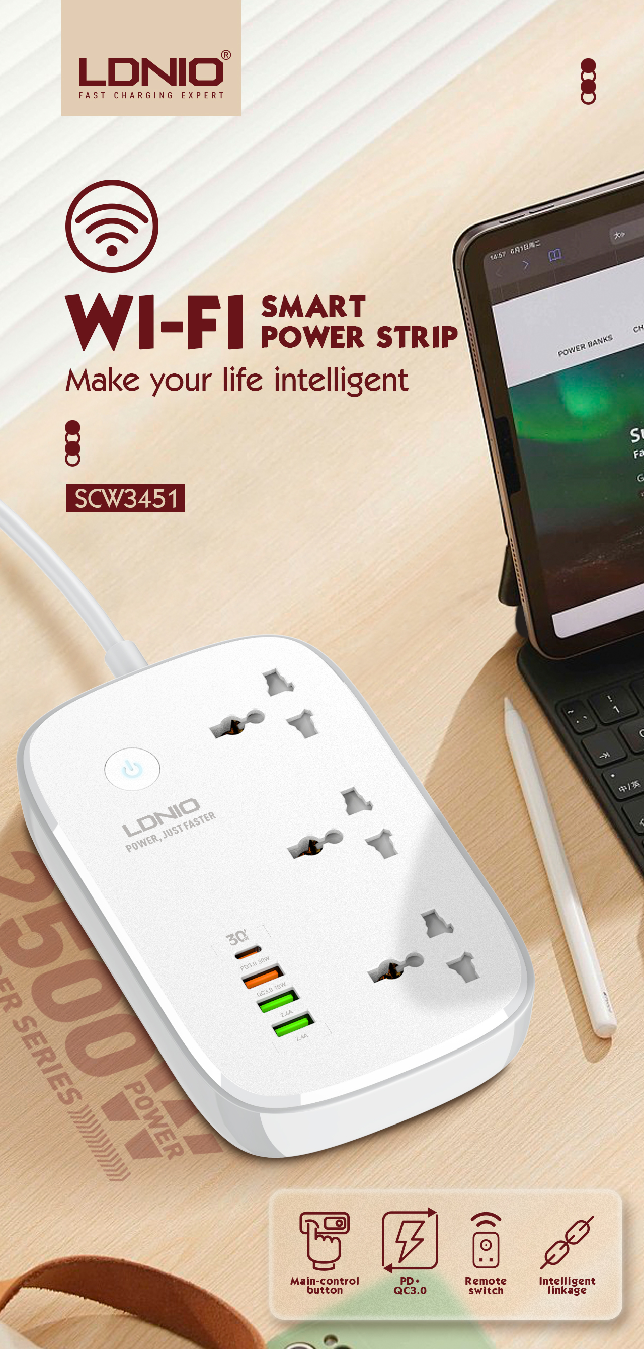 LDNIO 3 Outlets Wi-Fi Smart Power Strip SCW3451 2M in Sri Lanka| ido.lk