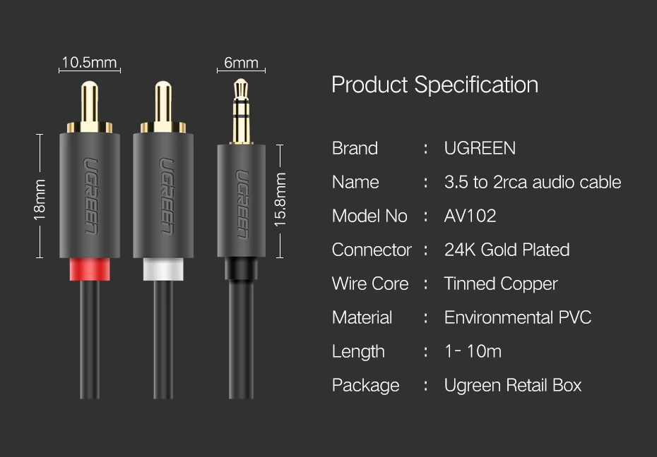 Ugreen 3.5mm Male to 2 RCA Male Audio Cable 1.5M AV102 in Sri Lanka | ido.lk